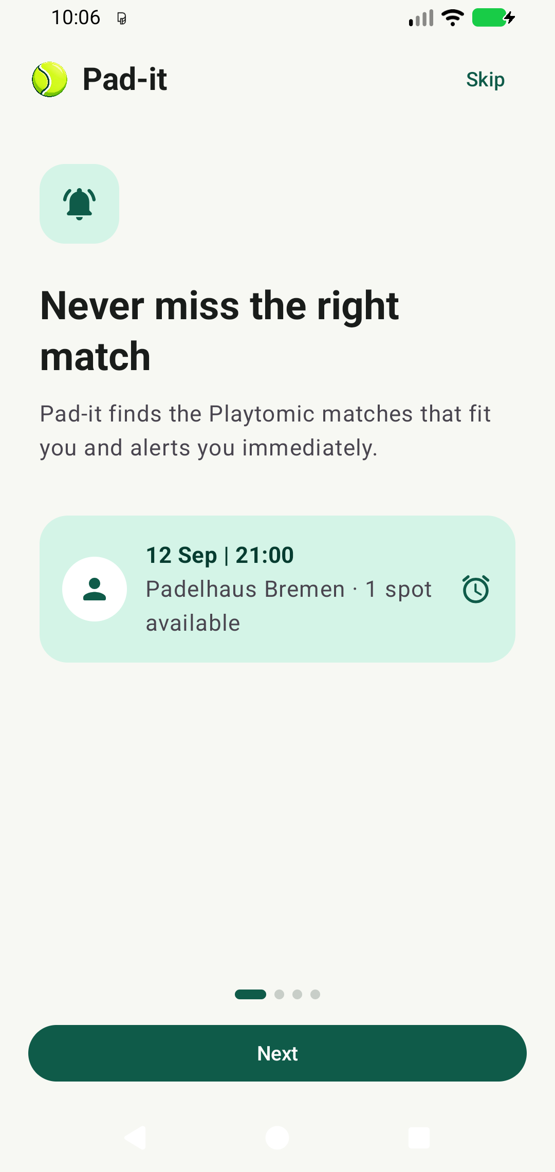 Pad-it welcome screen showing a matching padel alert