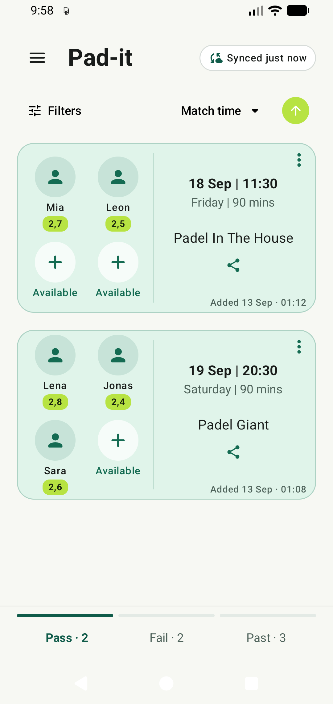 Pad-it match ledger showing passing padel matches